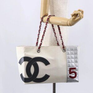 CHANEL Choco Bar Chain Shoulder Bag No5 Canvas Ivory Silver CC Auth 149068